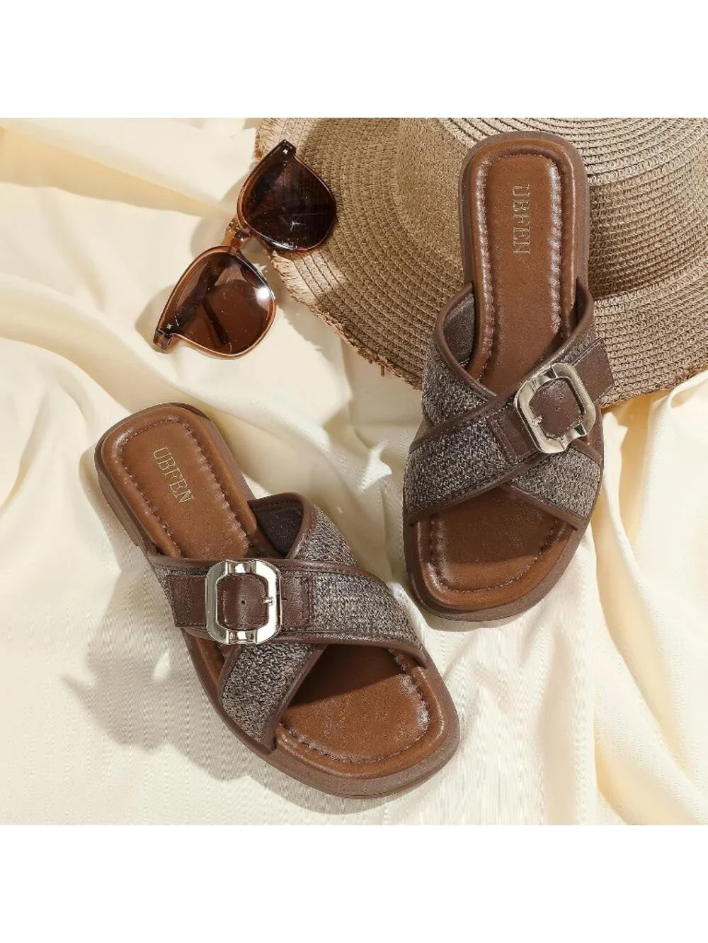 Women's Dark Brown Square Toe Flat Sandals Slides Dressy Comfortable for Beach